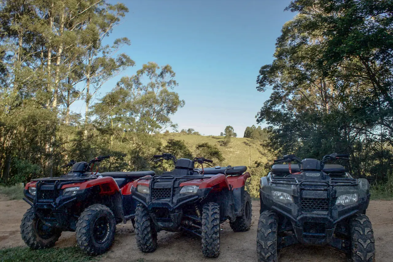 Frota de quadriciclos num vale em meio à natureza